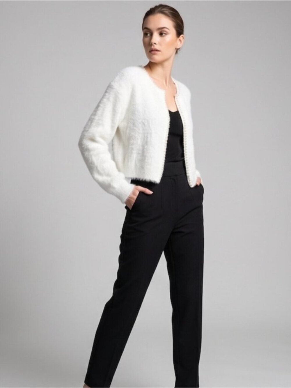 White Pearl Beaded Drop Shoulder Fuzzy Duster Cardigan